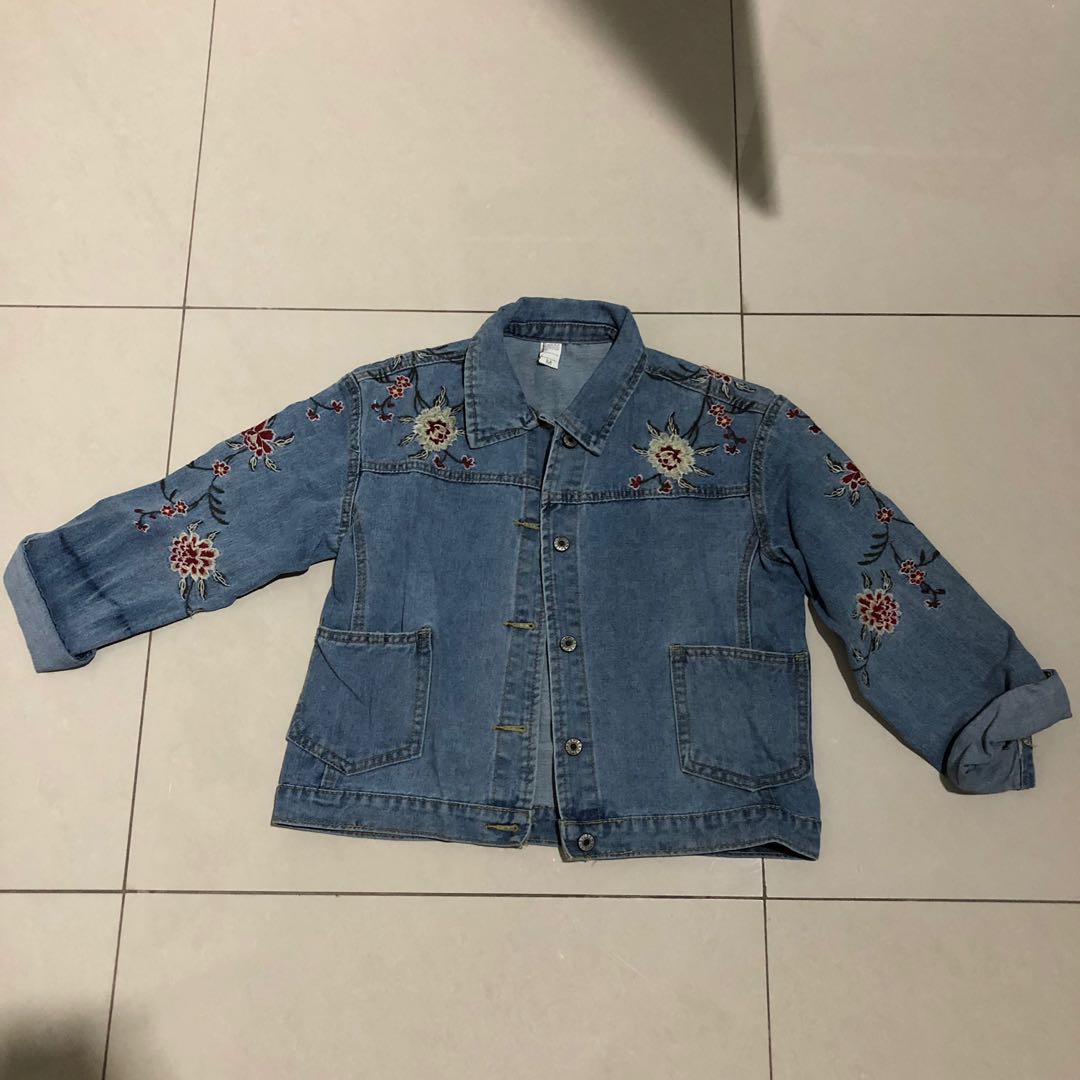 Floral Denim Jacket Jeans Women, Fesyen 