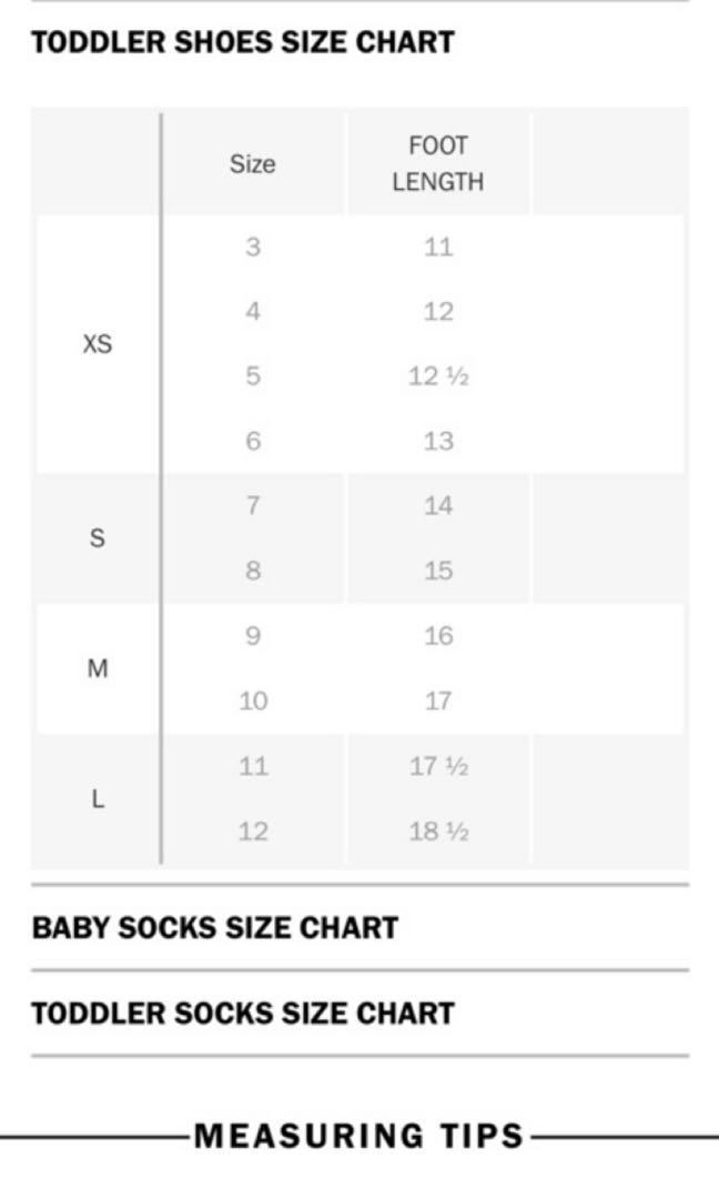 Old Navy Socks Toddler Size Chart