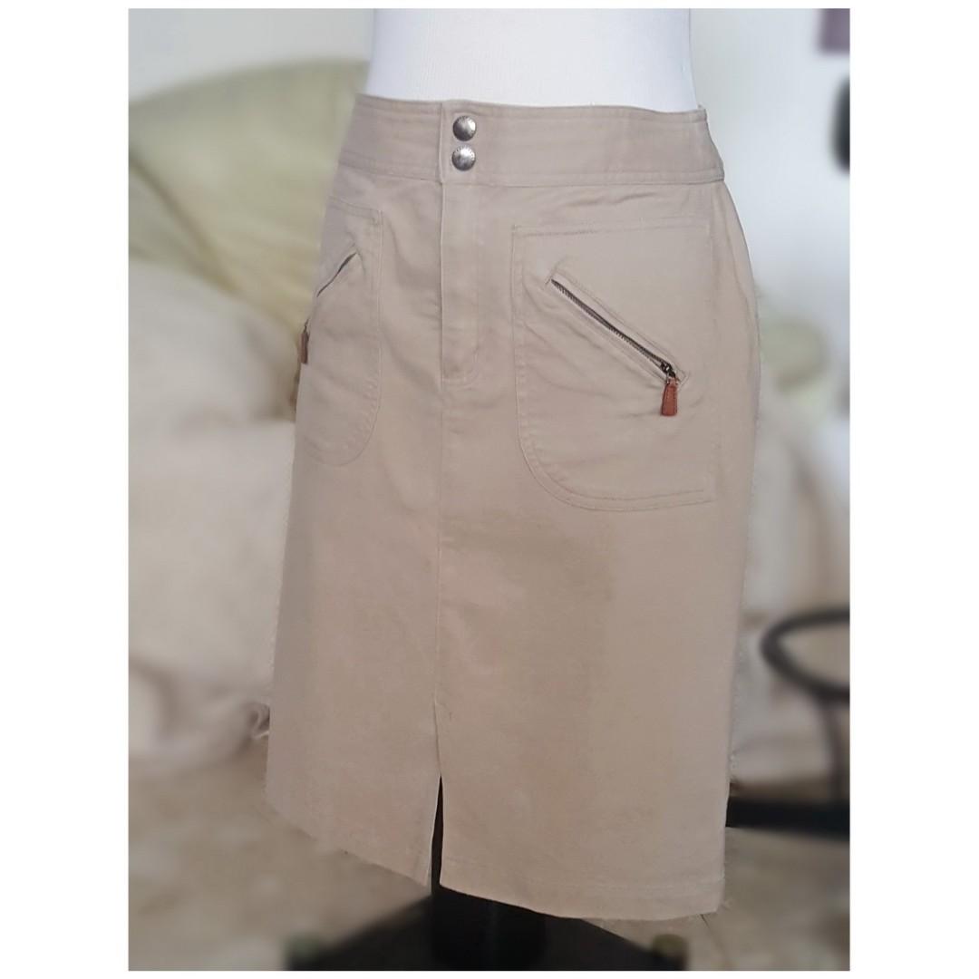 Ralph Lauren Pencil Skirt With Leather Trim Beige Cream Coffee