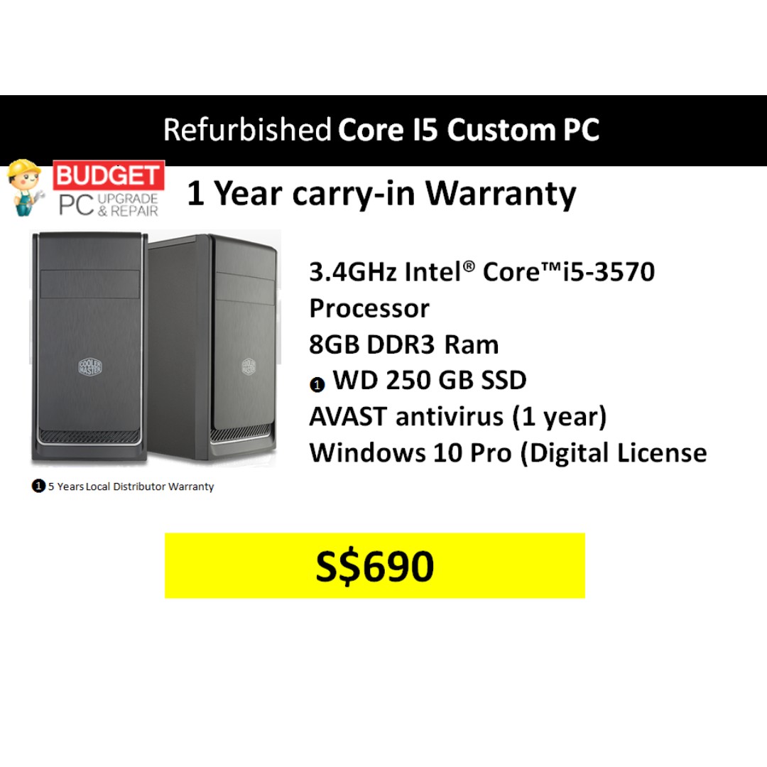 Refurbished Custom Pc Intel I5 3570 Cpu 3 4ghz 8gb Ram 250gb