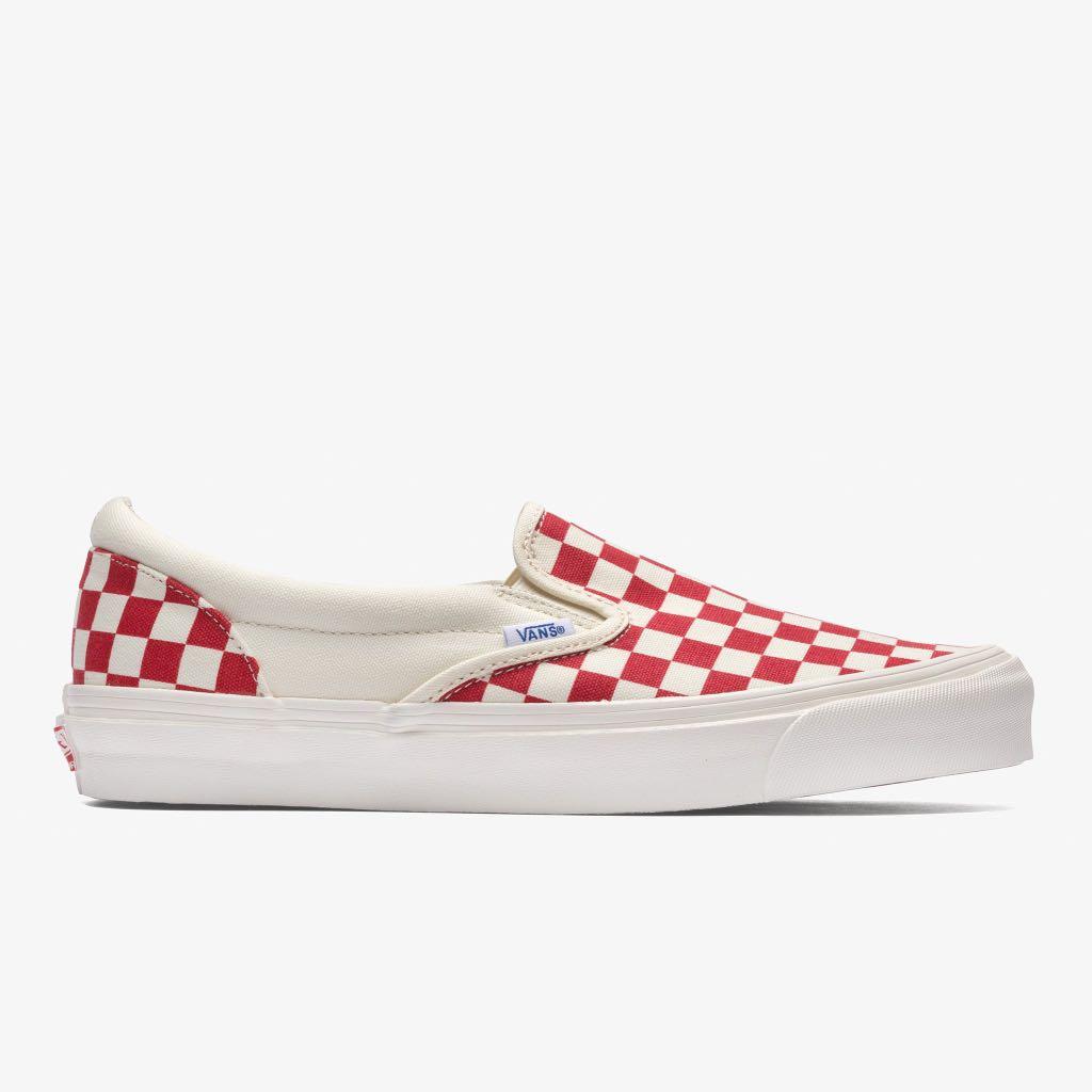 vans red and white checkerboard slip on