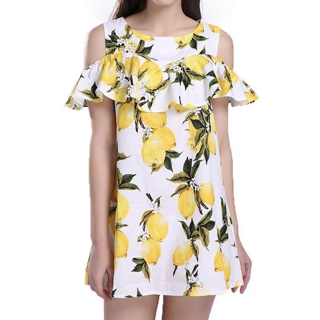 off the shoulder lemon print dress