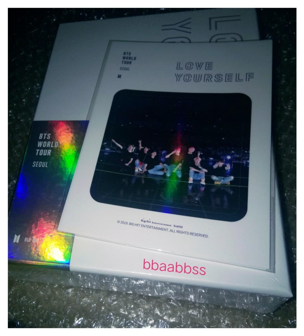 SEALED | BTS 'LOVE YOURSELF' SEOUL BLU-RAY (Category: CDs & DVDs) located in Manila. Submitted by bbaabbss (Listing ID 234174002, Image 1). Description: BTS WORLD TOUR 'LOVE YOURSELF' SEOUL Blu-ray (First press) Inclusions: Outbox Digipack 3 discs Photobook 20p (1 ea/random) Mini Photobook 16p (1 ea/random) Photocard (1 ea) ✔️POB.