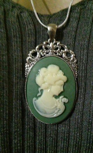 Lady Victorian Cameo #Big size 40mm by 30mm white green pendant chain Necklace