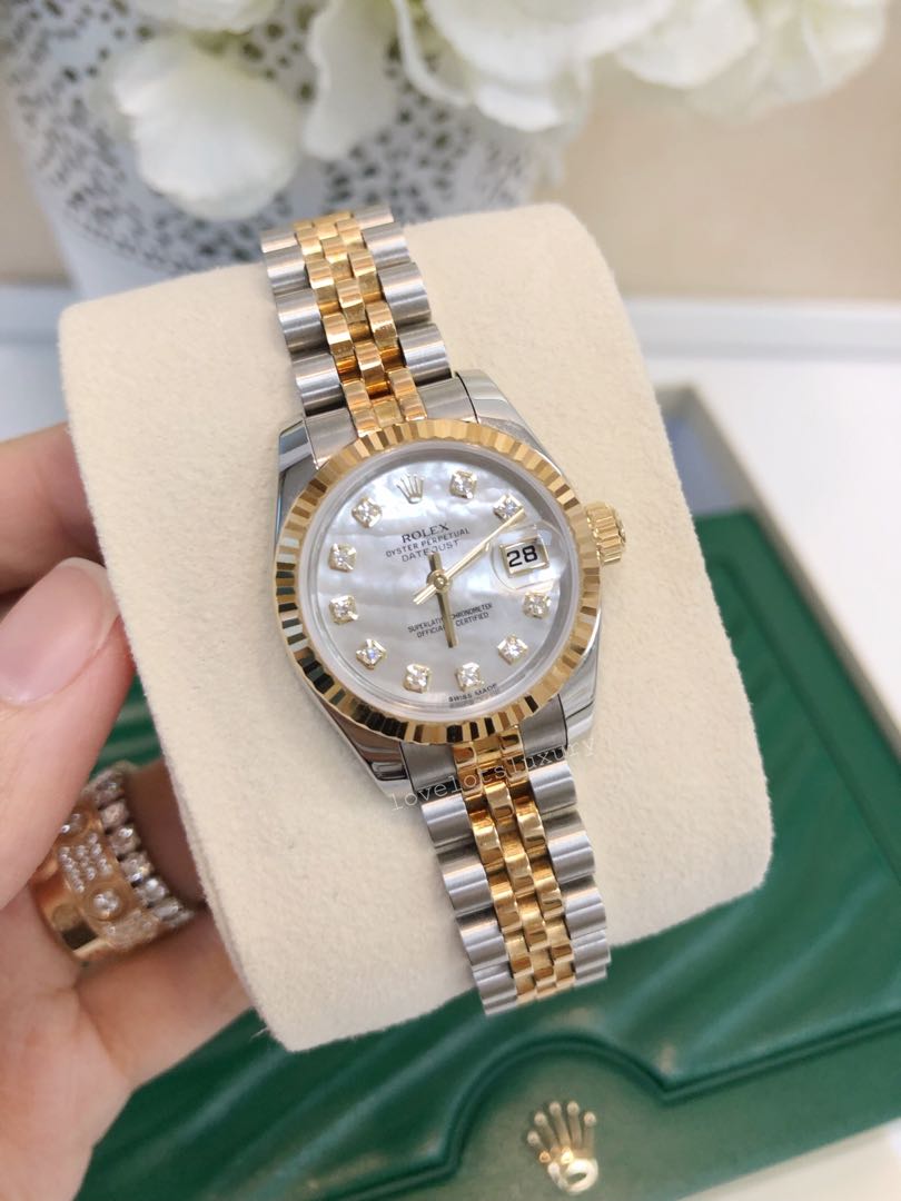 Rolex Ladies Date Just Yellow Gold / Steel Mother Of Pearl Face Diamond ...