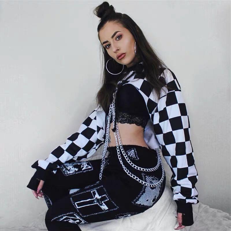 checkered crop hoodie chains