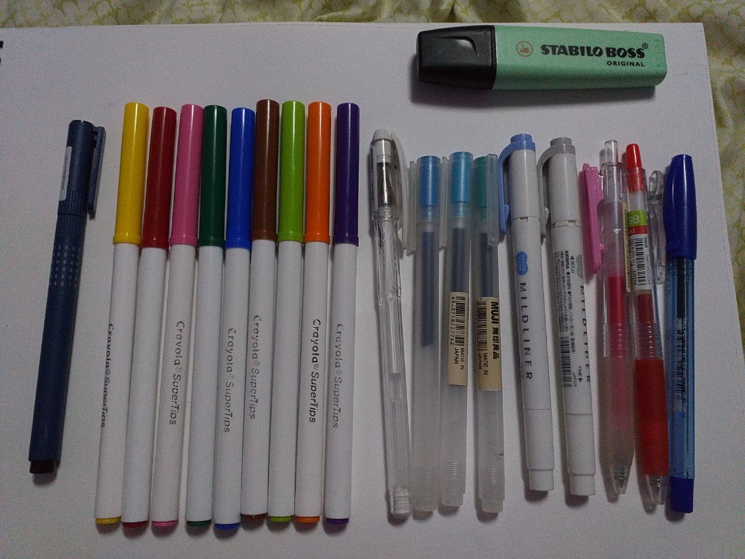 Muji, Pilot Pen, Zebra Mildliner, Stabilo Highlighter and Crayola