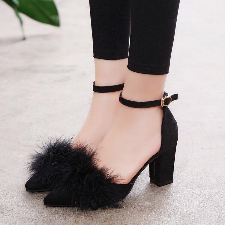 black furry heels