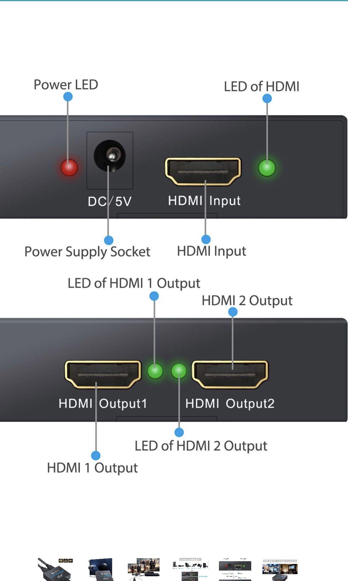 eSynic 1x2 HDMI Splitter 4K HDMI Splitter 1 in 2 Out HDMI Amplifier Adapter Aluminum Ver 1.4 HDCP with Power Adapter Supports 3D 4K@30HZ Full HD1080P for PC PS3 PS4 Blu-ray Player Apple TV HDTV