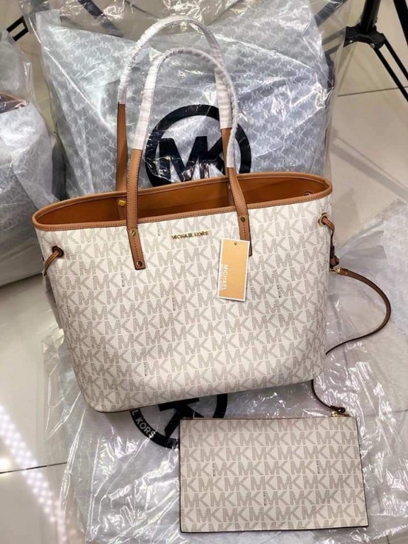 Guaranteed Authentic Michael Kors Jet Set Travel in Signature Coated  Monogram Drawstring Large Tote Bag with Pouch - Vanilla