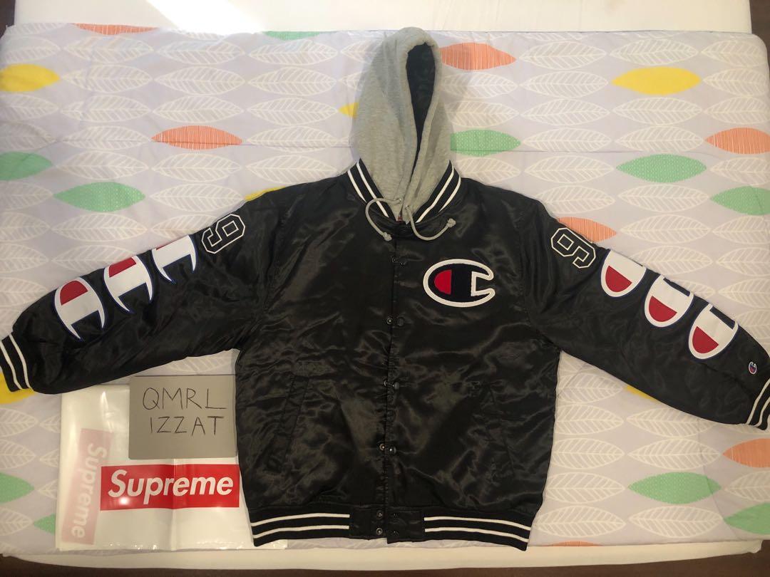 Supreme champion hooded cheap satin varsity jacket black