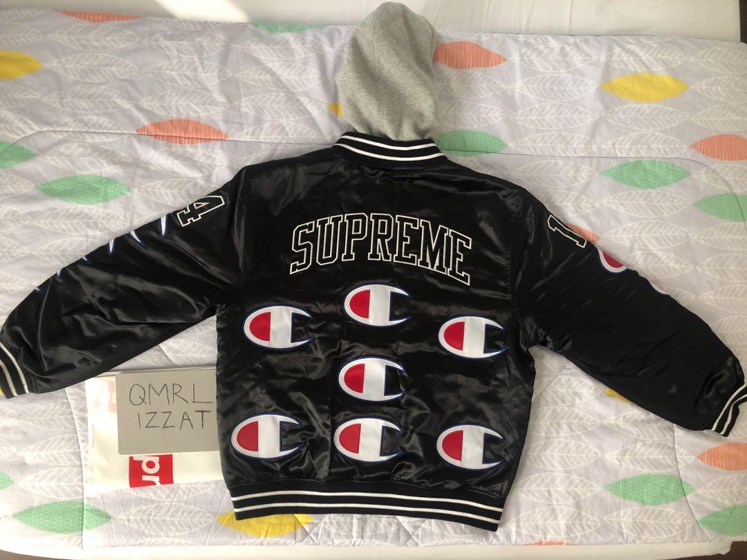 Supreme champion hooded satin varsity jacket black store
