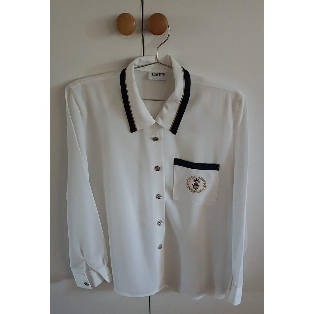 Vintage Eastex White Navy Gold Blouse Women S Fashion Clothes