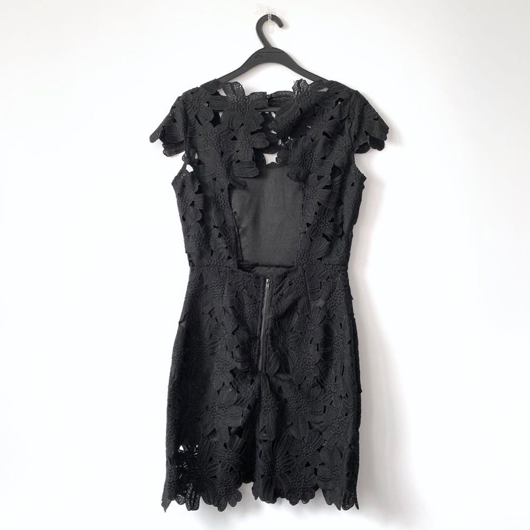 Black crochet lace deals open back dress