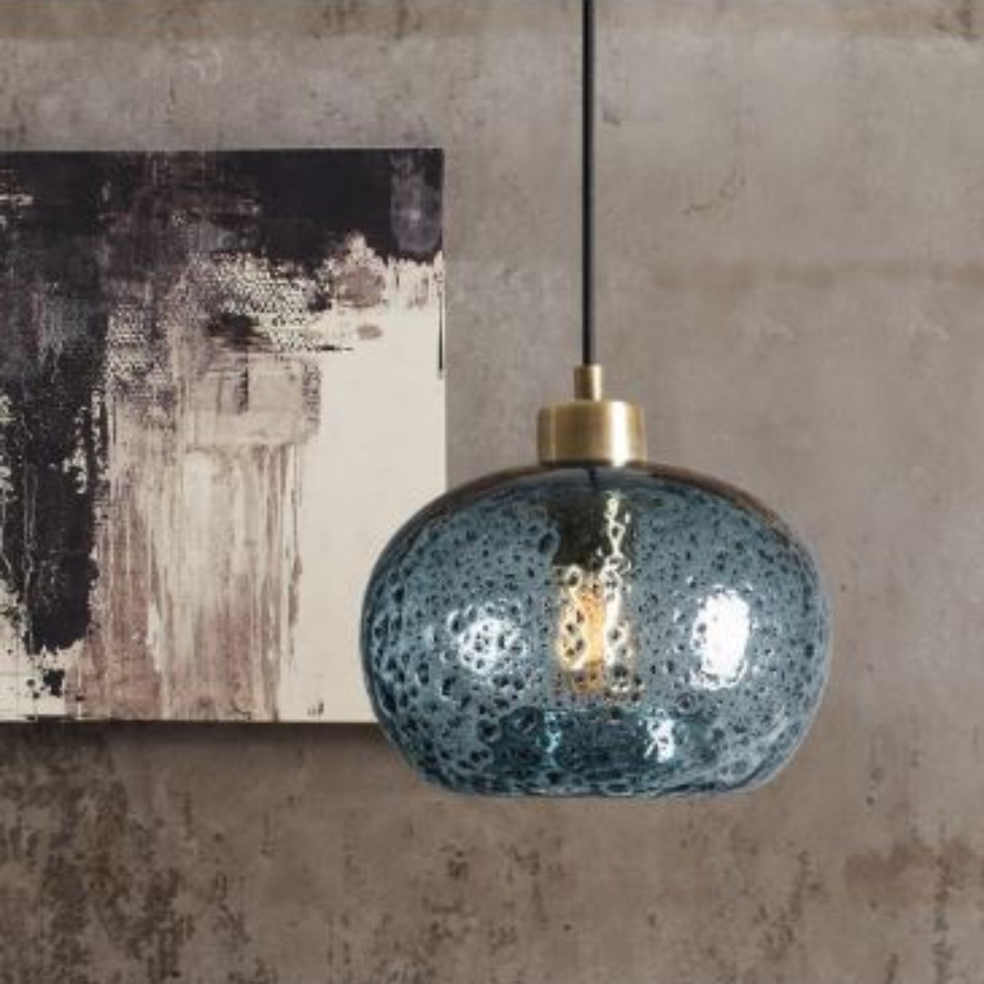 CASAMOTION Brass Rustic Seeded Hand Blown Glass Pendant Light with