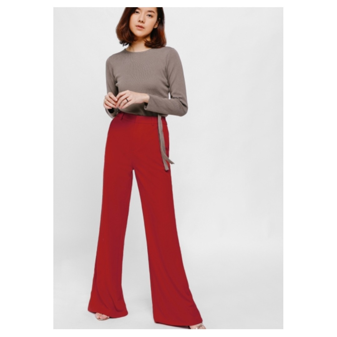 Red high waisted pants flare clearance