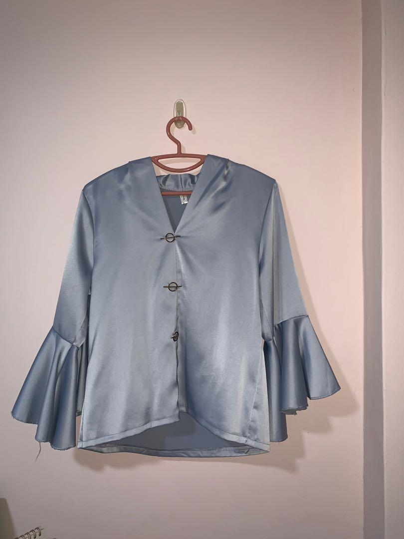 pale blue satin blouse