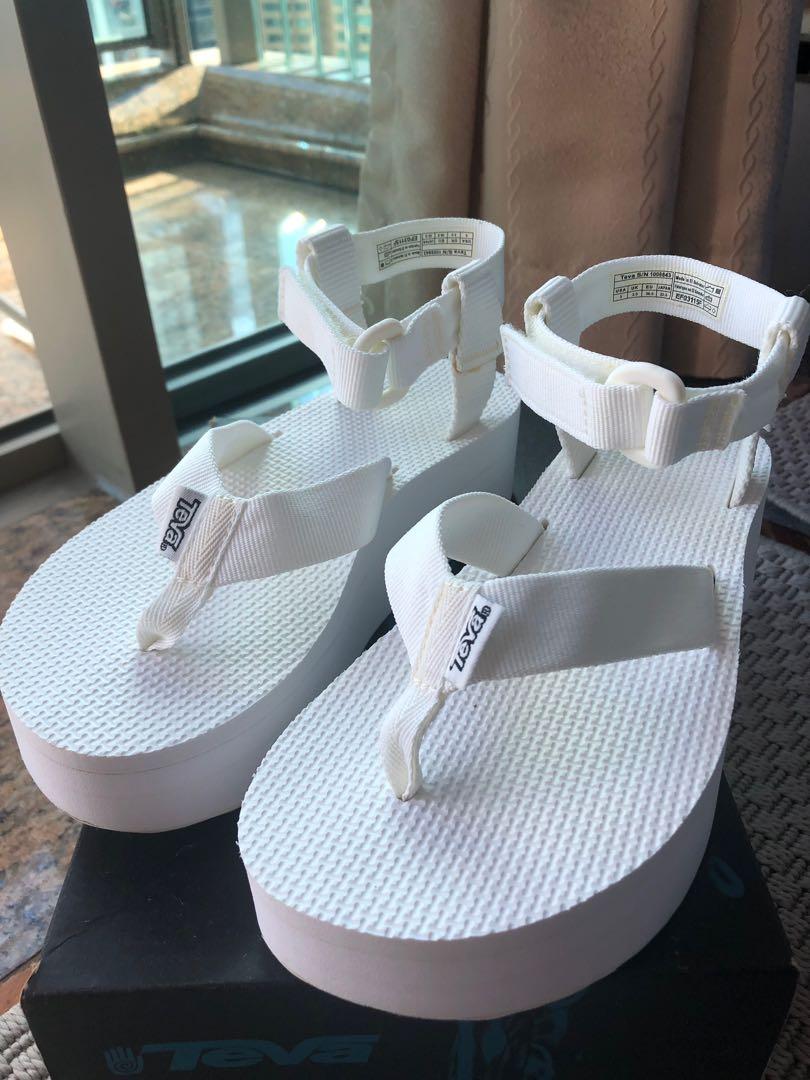 white teva platforms