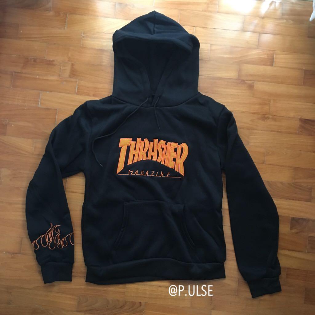 PENDING bnwt thrasher hoodie black x orange flames Men s Fashion Tops Sets Hoodies on Carousell