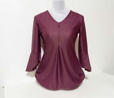 Women's  3/4 Bell Sleeve Layered/ Pleated Flowy Blouse Top for Formal/Elegant Attire