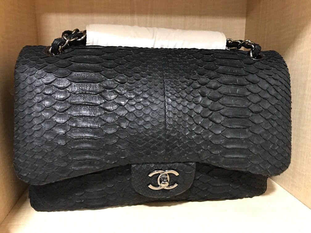 Chanel Exotic Python Jumbo Double Flap (Black), Luxury, Bags