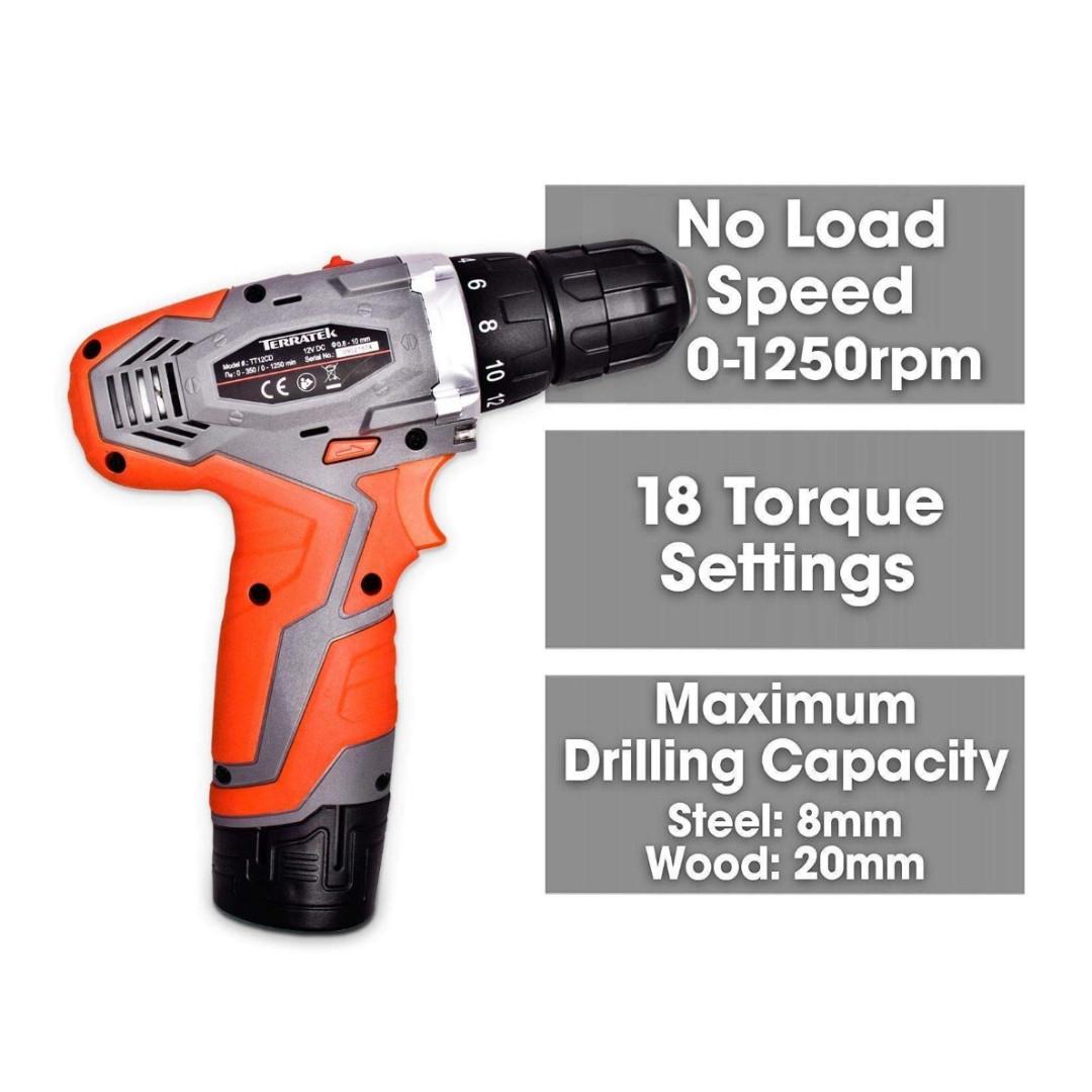 K313 Terratek 13pc 12V Cordless Drill Driver 2 Batteries Lithium Ion Combi Drill Electric Screwdriver Variable Speed Max Torque 25N.m Carry Case Accessory Kit Included Furniture Home Living Gardening ...