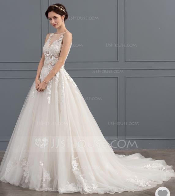 LIKE NEW JJs House Appliqu Lace Wedding Gown w Chapel Train UK16