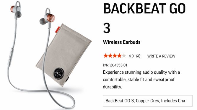 Plantronics Backbeat Go 3 Wireless Earbuds Audio Earphones on