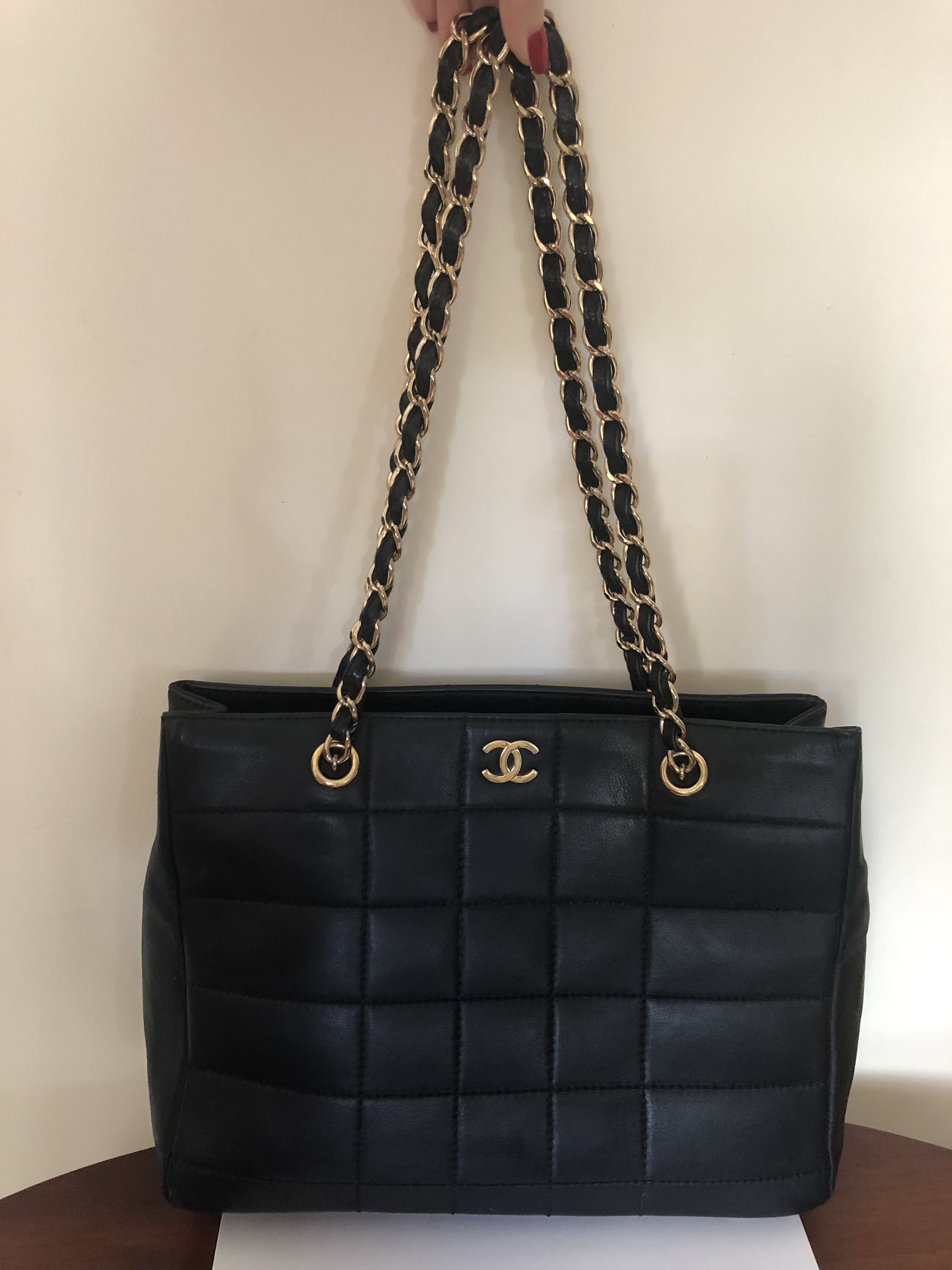 Vintage Chanel CC Chain Shopping Tote Bag Black Lambskin Gold Hardware