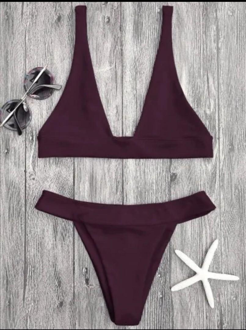 Zaful Burgundy dark red triangle high leg tanga waisted bikini swimsuit