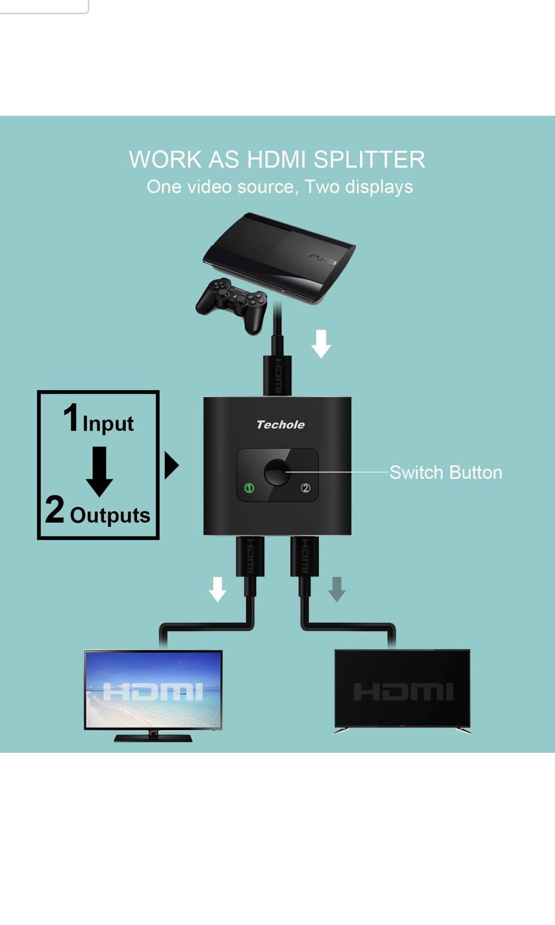 Supports 4K 3D HD 1080P for Xbox PS4 Roku HDTV HDMI Switch Splitter 2 x 1//1 x 2 No External Power Required HDMI Switch 4K HDMI Splitter-Techole Aluminum Bi-Directional HDMI Switcher 2 Input 1 Output