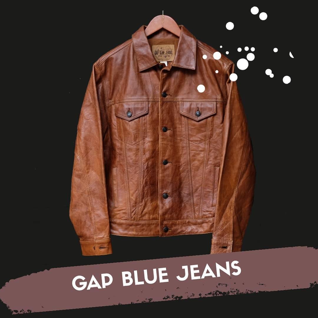 gap blue jeans leather jacket