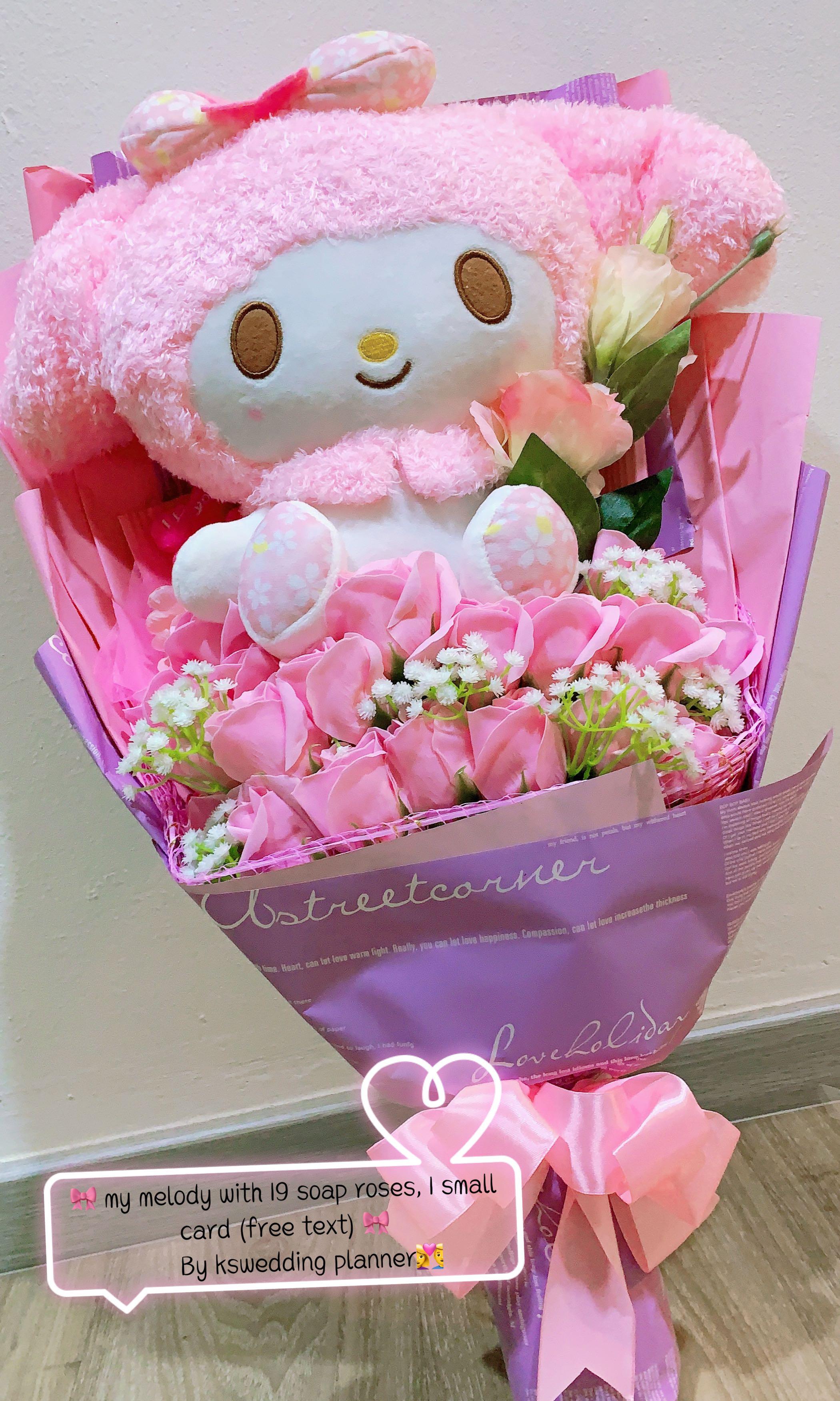 Ready Stock My Melody Bouquet Super Sweet Pink With Soap Roses Everlasting Flowers Excellent Choice For Marriage Proposal Valentine S Day Hobbies Toys Stationery Craft Flowers Bouquets On Carousell