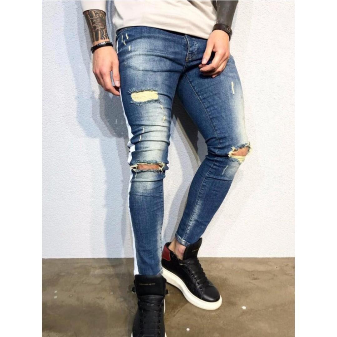 New Arrival Stylish Hole Patchwork Men Skinny Denim Pants Men S Fashion Clothes Bottoms On Carousell