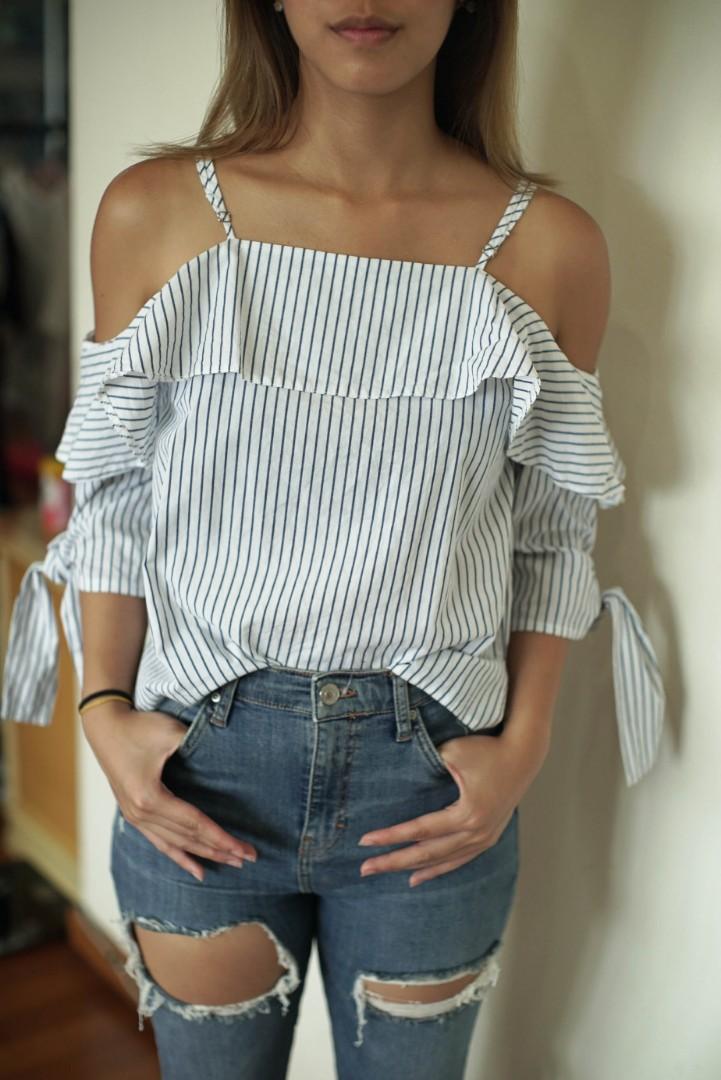 Market Off Shoulder Striped Ruffle Top