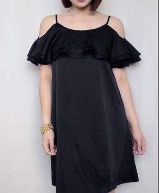 Ruffled Off-shoulder Dress in Black
