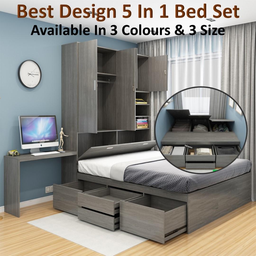 5 In 1 Best Space Saving Bed Set Storage Desk Drawer Bed Frame Wardrobe Furniture Home Living Furniture Tables Sets On Carousell