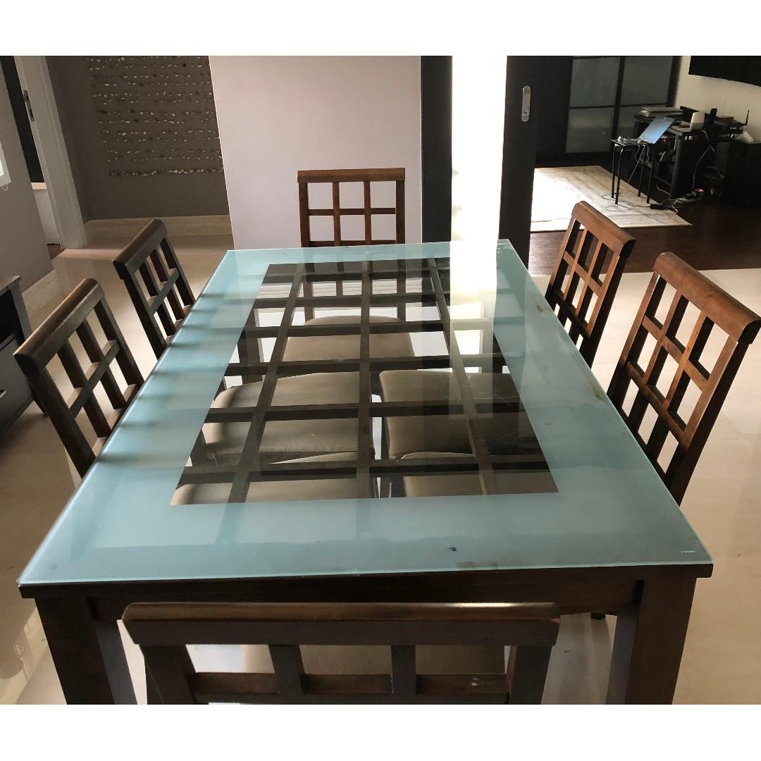 Glass Top Wood Frame Dining Table With 6 Chairs Furniture Tables Chairs On Carousell