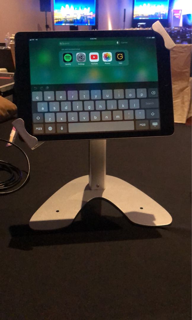 Ipad stand (Category: Mounts & Holders) located in Singapore. Submitted by littleboyboy8888 (Listing ID 238188002, Image 3). Description: Bought at $85 each, used for a one day event only, selling at $55 each, currently have 10 pieces. Comes with a key. Looks as good as new. Location of deal can be flexible..