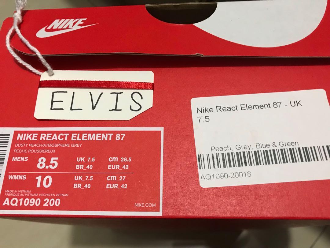 Nike React Element 87 （分類：波鞋）位於 Hong Kong。 由 spectrum. 提交（商品編號 238160885，圖片 3）。簡介： WTS/售: Nike React Element 87 Condition: New, tried on once. Price: $1399, Exchange accepted* Buy from End. Clothing, come with original box and email receipt. Trade within 3 days along MTR station. *Only exchange with US9 same shoes. Thanks in advance.。