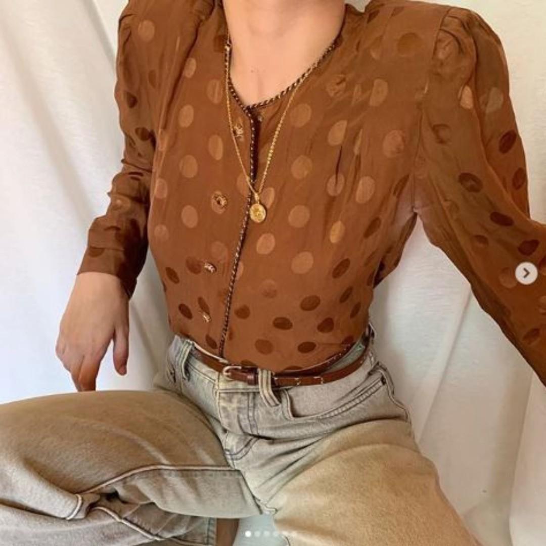 stunning vintage polka silk dark chocolate front button up (Category: Traditional & Ethnic wear) located in Leyte. Submitted by sweet.repeatt (Listing ID 238404828, Image 1). Description: .