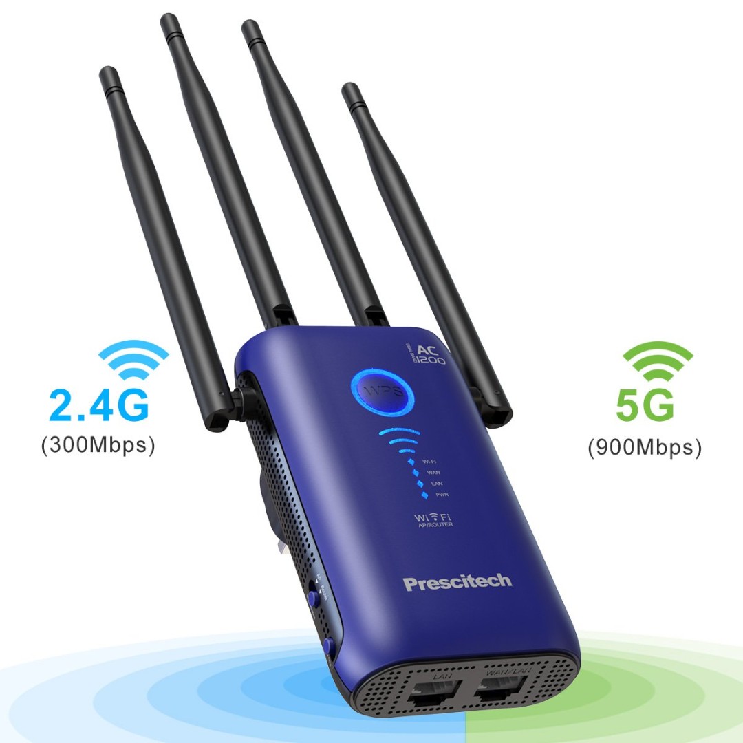T465 Prescitech High Power Ac1200 Dual Band Wifi Range Extender With 2 Gigabit Ports