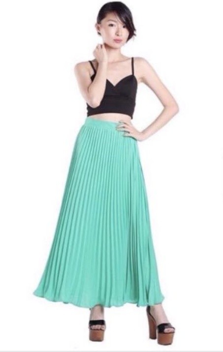 green pleated maxi skirt