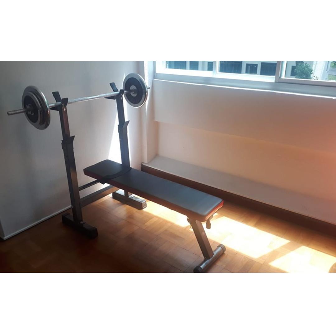 Workout Bench And Barbell Set Sports Weights Gym Equipment On Carousell