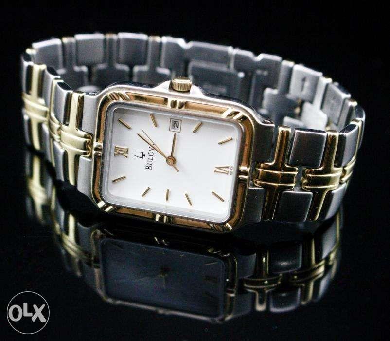 Bulova Men Two Tone Gold Stainless Steel Tank Quartz Watch Luxury