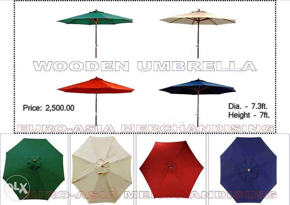 Umbrella Beach Garden Outdoor (Category: Umbrellas) located in Makati City. Submitted by euroasiamerchandising (Listing ID 238550292, Image 2). Description: WOODEN UMBRELLA 7.8 ft. diameter x 7.9 ft high w/o stand Off-White color onlly 8 ribs,water repellent canvass price: 2,500 Colors: White,Orange,Green,Red,Blue,Black,Maroon, Mocca Umbrella Base/Stand check photo - 1,500 CANTILEVER UMBRELLA Aluminum Post 10ft high 8ft diameter 8 aluminum ribs h