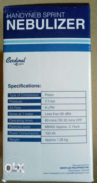 Handyneb Sprint Cardinal Nebulizer (Category: Other Assistive Aids) located in Antipolo. Submitted by marlonbeech (Listing ID 238585017, Image 3). Description: Cardinal nebulizer,Lightweight,extensive ventilation,recessive handle and anti vibration mount.Reliable piston compressor,ideal for professional and intensive use.Ideal for all ages.Complete nebulizer kit.Maganda po ang meron kayong ganito sa bahay lalo na kung merong may hika or asthma pa