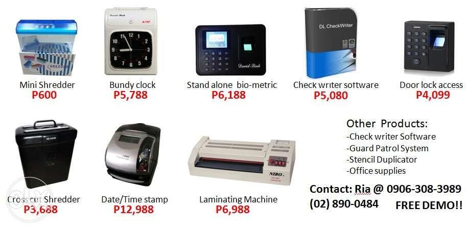 bundy clock biometric time attendance paper shredder nibo david link (Category: Office & Business Technology) located in Manila. Submitted by ria_ruiz (Listing ID 238620923, Image 2). Description: Office equipment available: Bundy clock Biometrics (fingerprint, face scanner, card reader) Time Management / Payroll software Check writer Paper shredders Door lock access Time/date stamping machine Laminating machine Binding machine Guard patrol syste