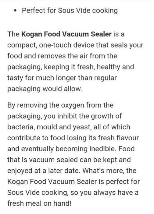 KOGAN Australia Vacuum Food Sealer with Vacuum Textured Plastic Bags
