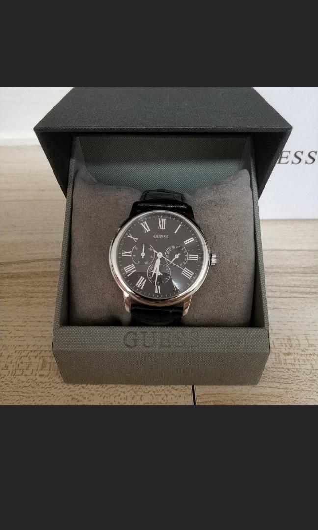 100% Authentic GUESS W70016G1 Wafer Stainless Steel Black Leather Strap ...